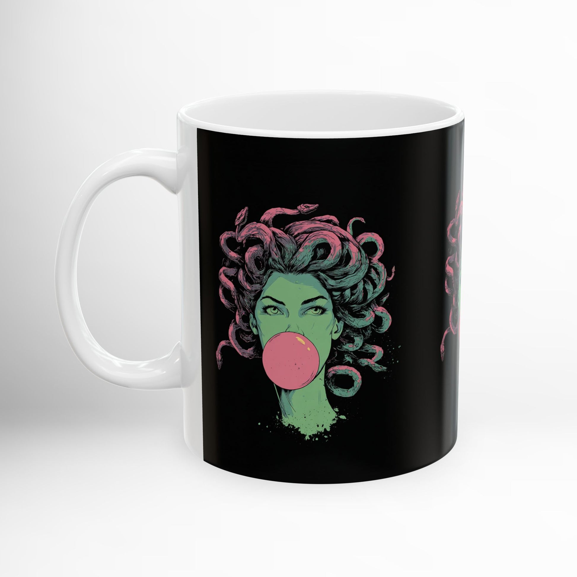 Medusa bubblegum mug – modern Greek mythology ceramic coffee cup.