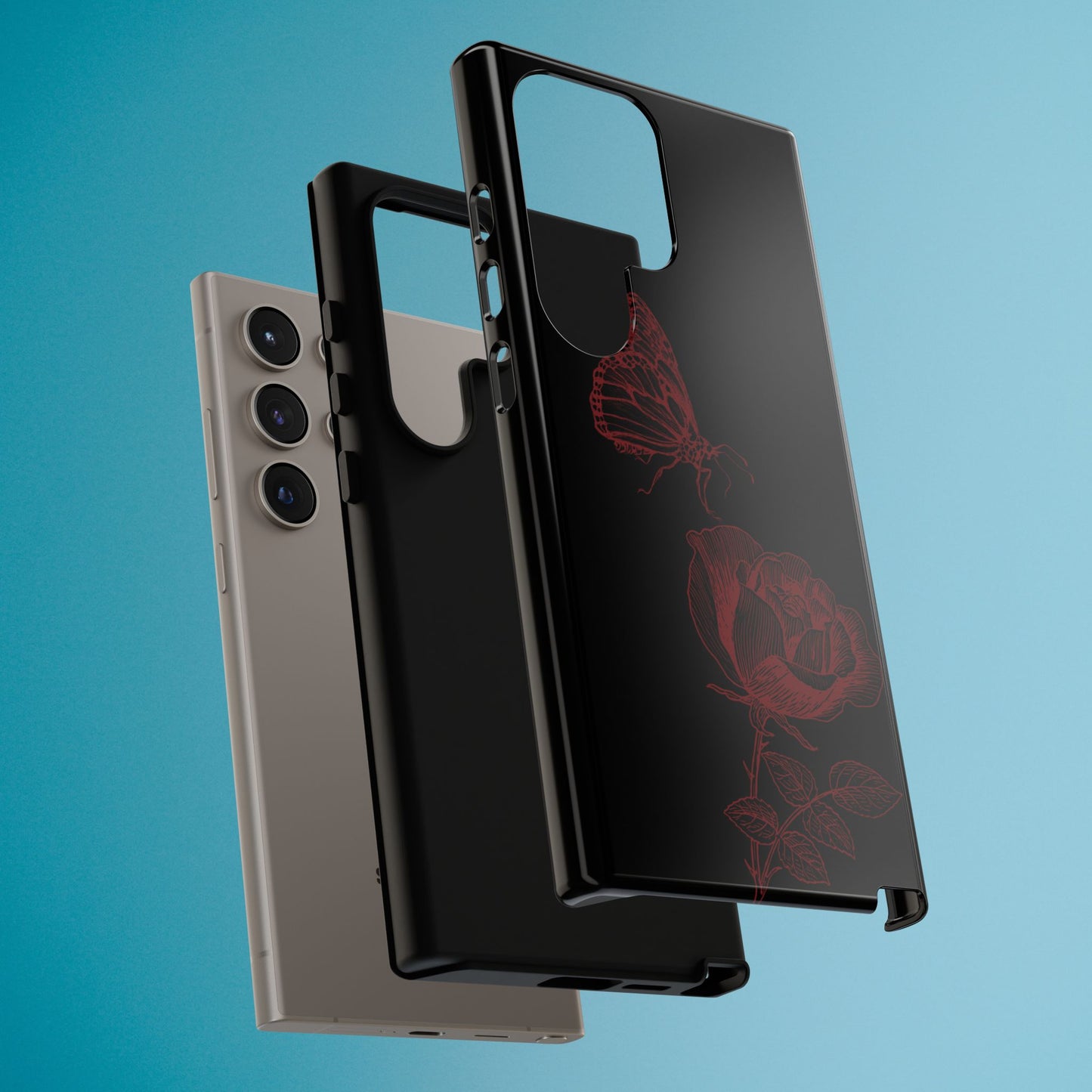 Black Rose and Butterfly Phone Case - Dark Academia Aesthetic Gothic iPhone, Galaxy and Pixel Cover