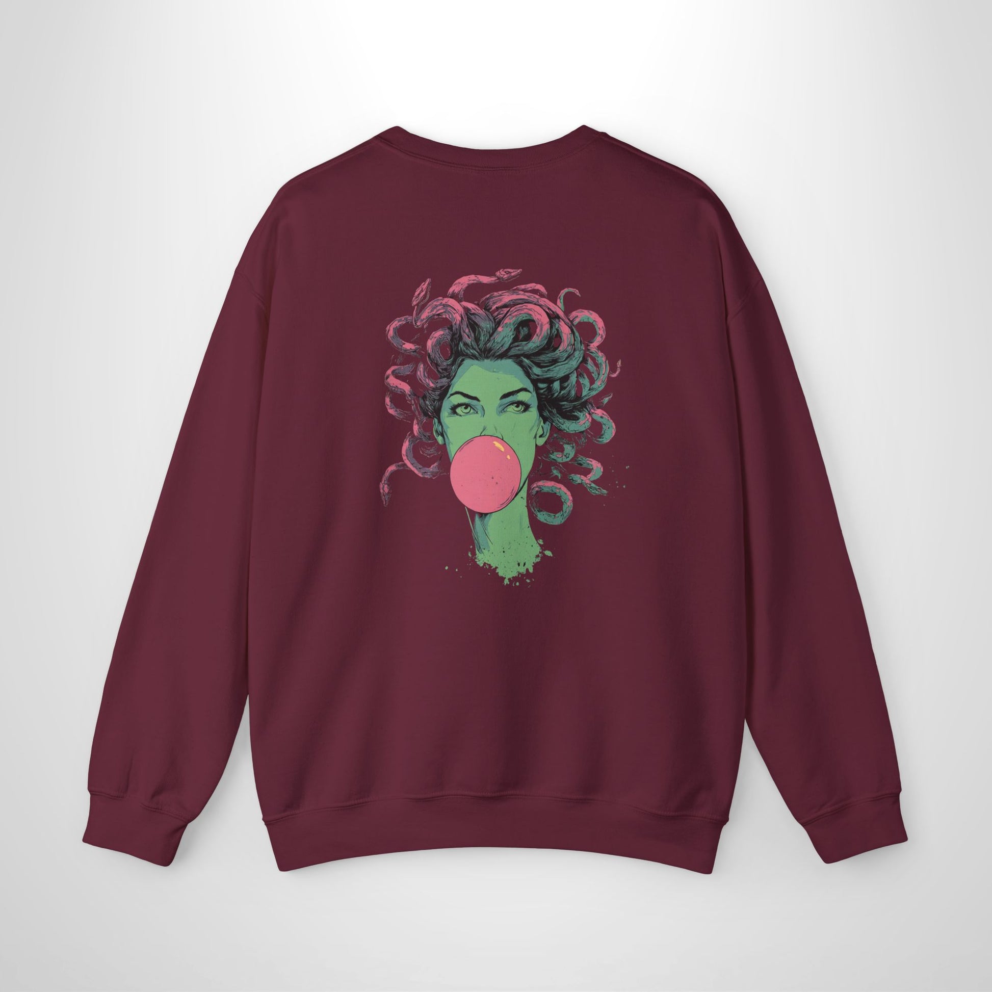 Maroon sweatshirt with Medusa bubblegum graphic design on the back.