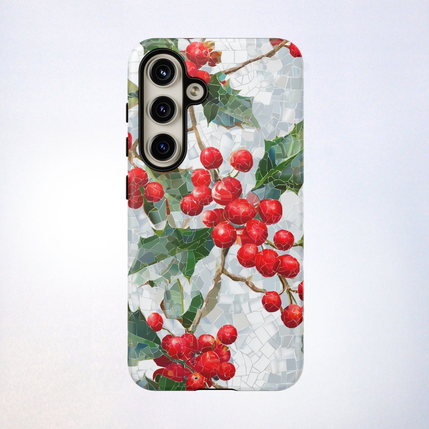 Holly Berry Phone Case, Christmas Mosaic Design, Winter Botanical Cover for iPhone Samsung Pixel
