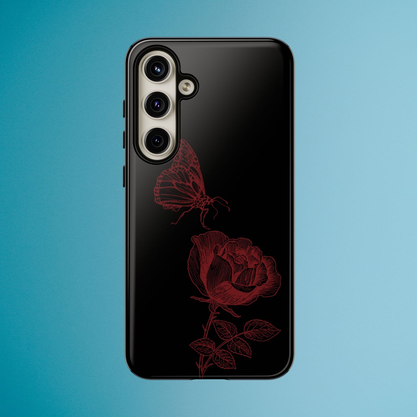 Black Rose and Butterfly Phone Case - Dark Academia Aesthetic Gothic iPhone, Galaxy and Pixel Cover