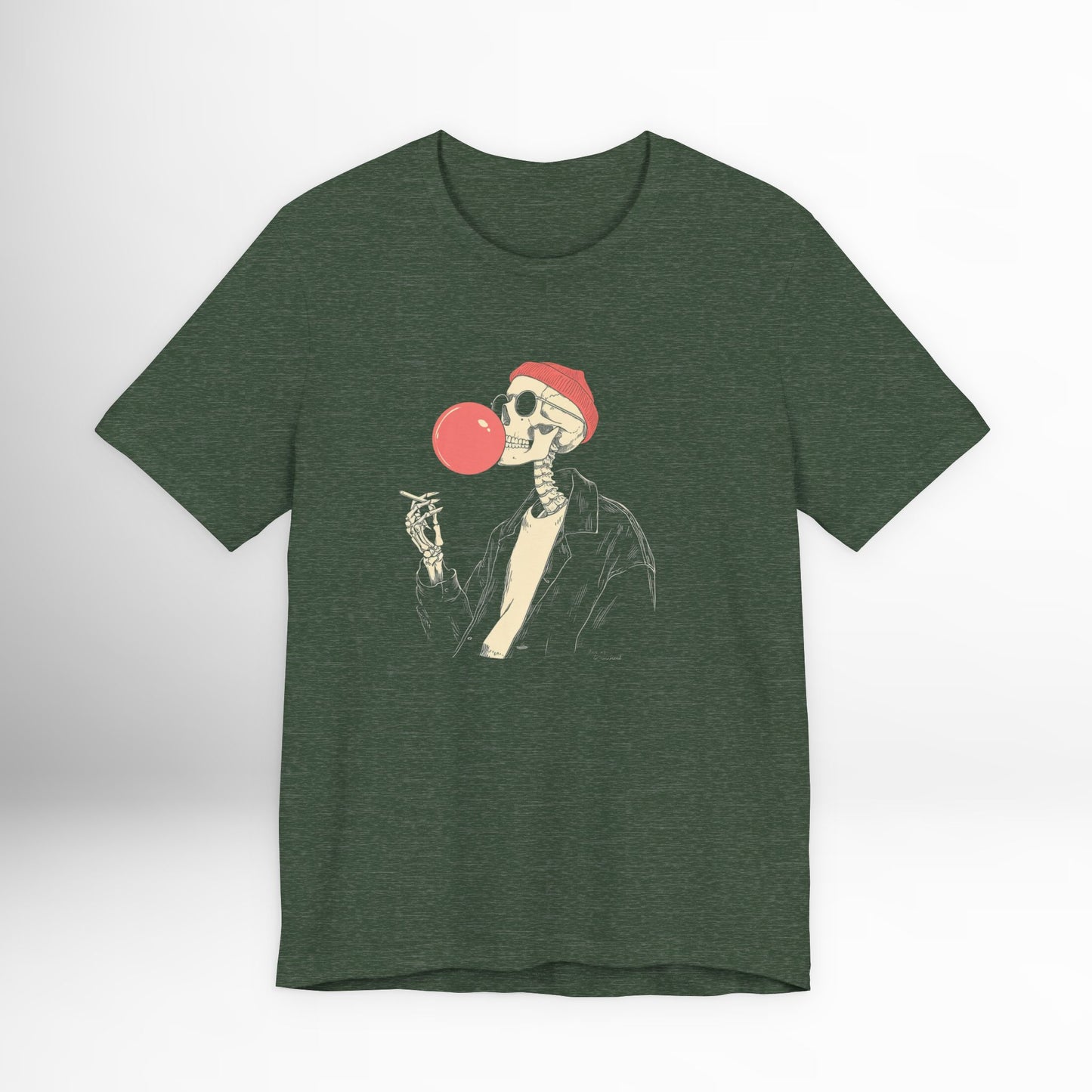 Green t-shirt with a skeleton wearing a Santa hat and blowing a red bubble gum bubble on a white background.