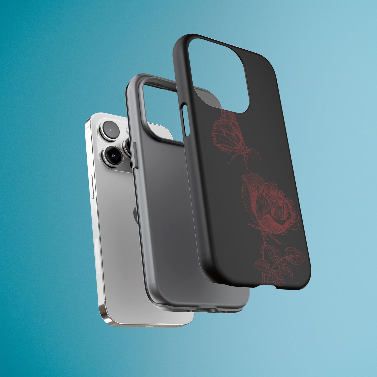 Black Rose and Butterfly Phone Case - Dark Academia Aesthetic Gothic iPhone, Galaxy and Pixel Cover