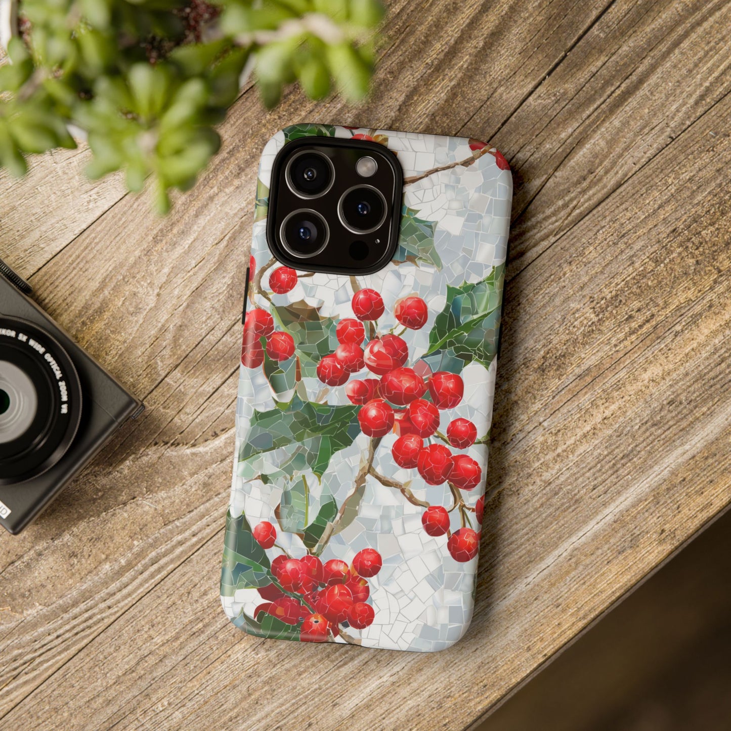 Holly Berry Phone Case, Christmas Mosaic Design, Winter Botanical Cover for iPhone Samsung Pixel