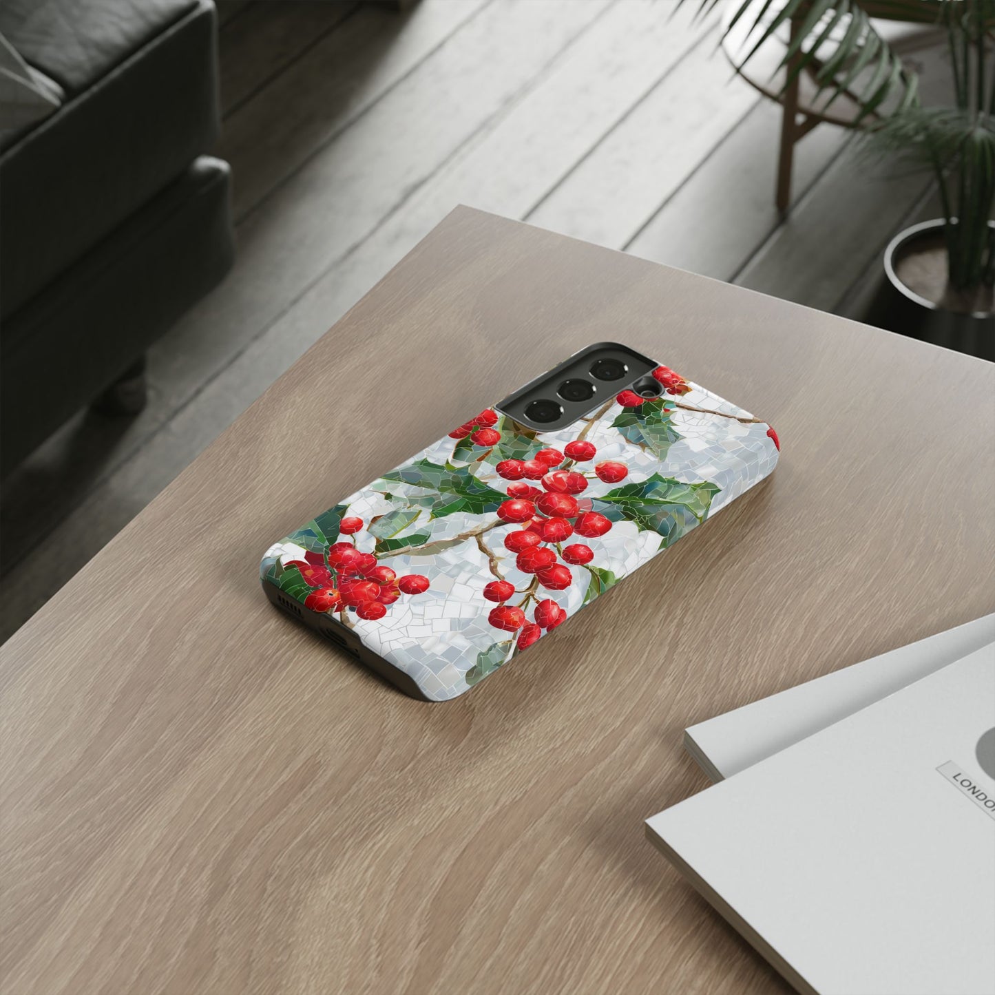 Holly Berry Phone Case, Christmas Mosaic Design, Winter Botanical Cover for iPhone Samsung Pixel