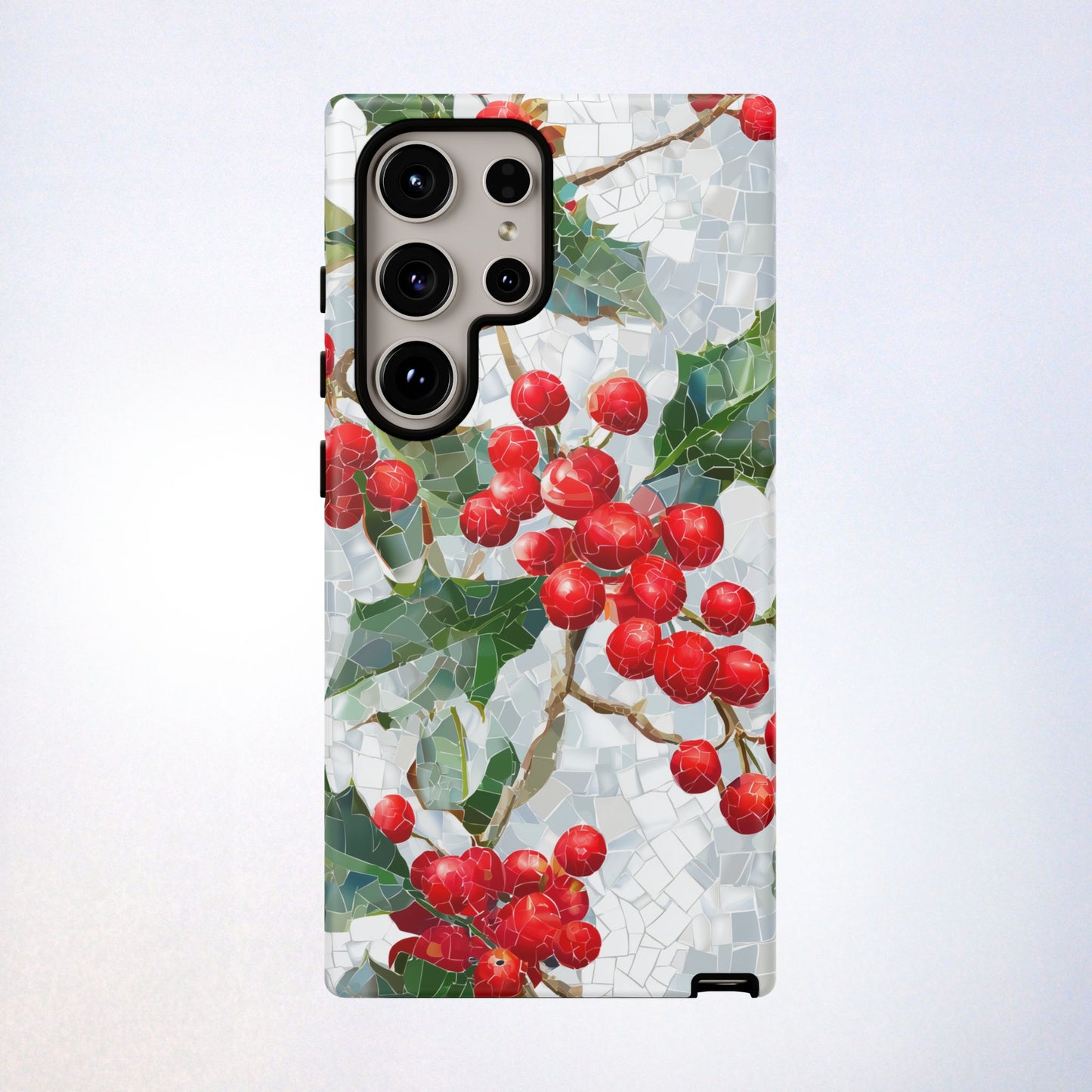 Holly Berry Phone Case, Christmas Mosaic Design, Winter Botanical Cover for iPhone Samsung Pixel