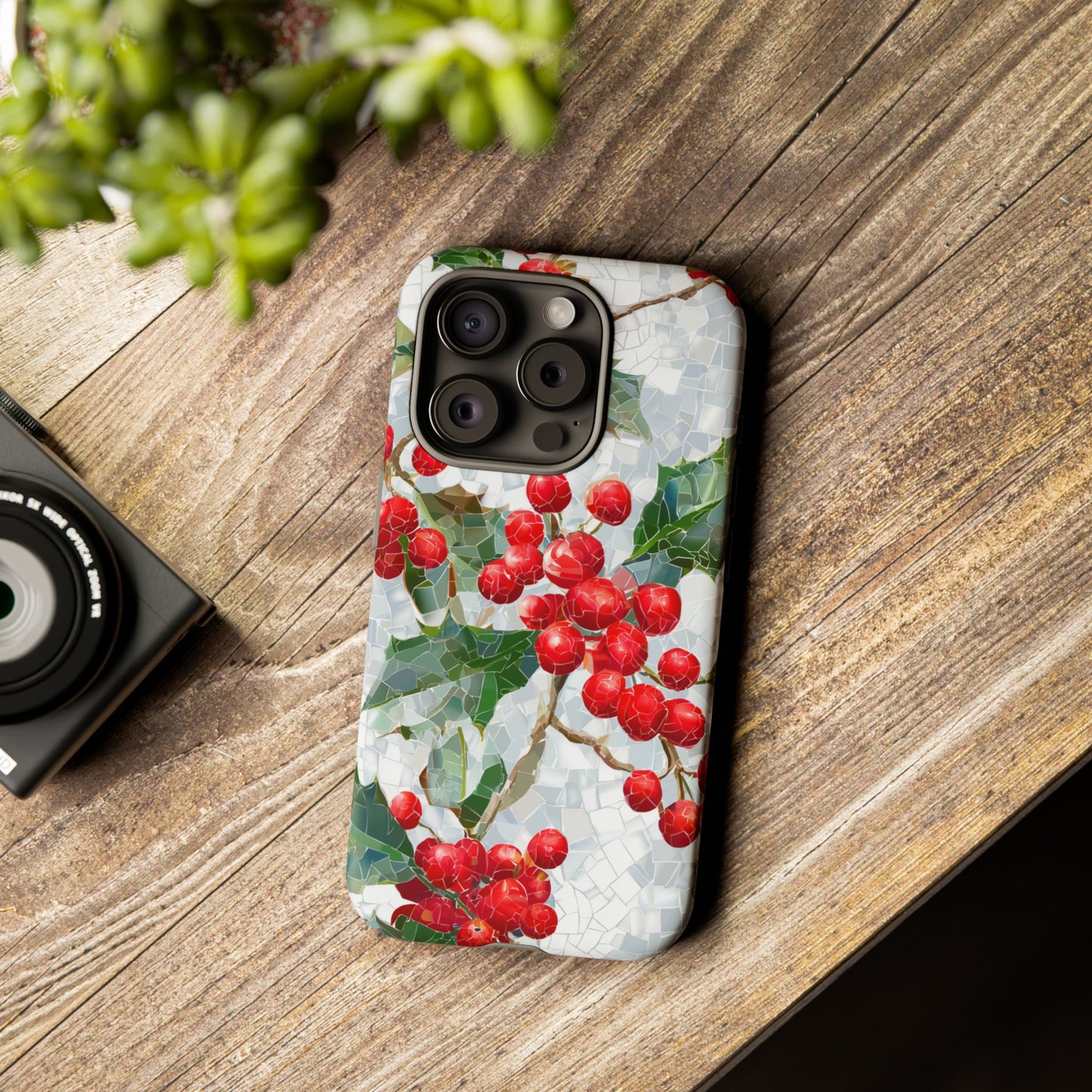Holly Berry Phone Case, Christmas Mosaic Design, Winter Botanical Cover for iPhone Samsung Pixel