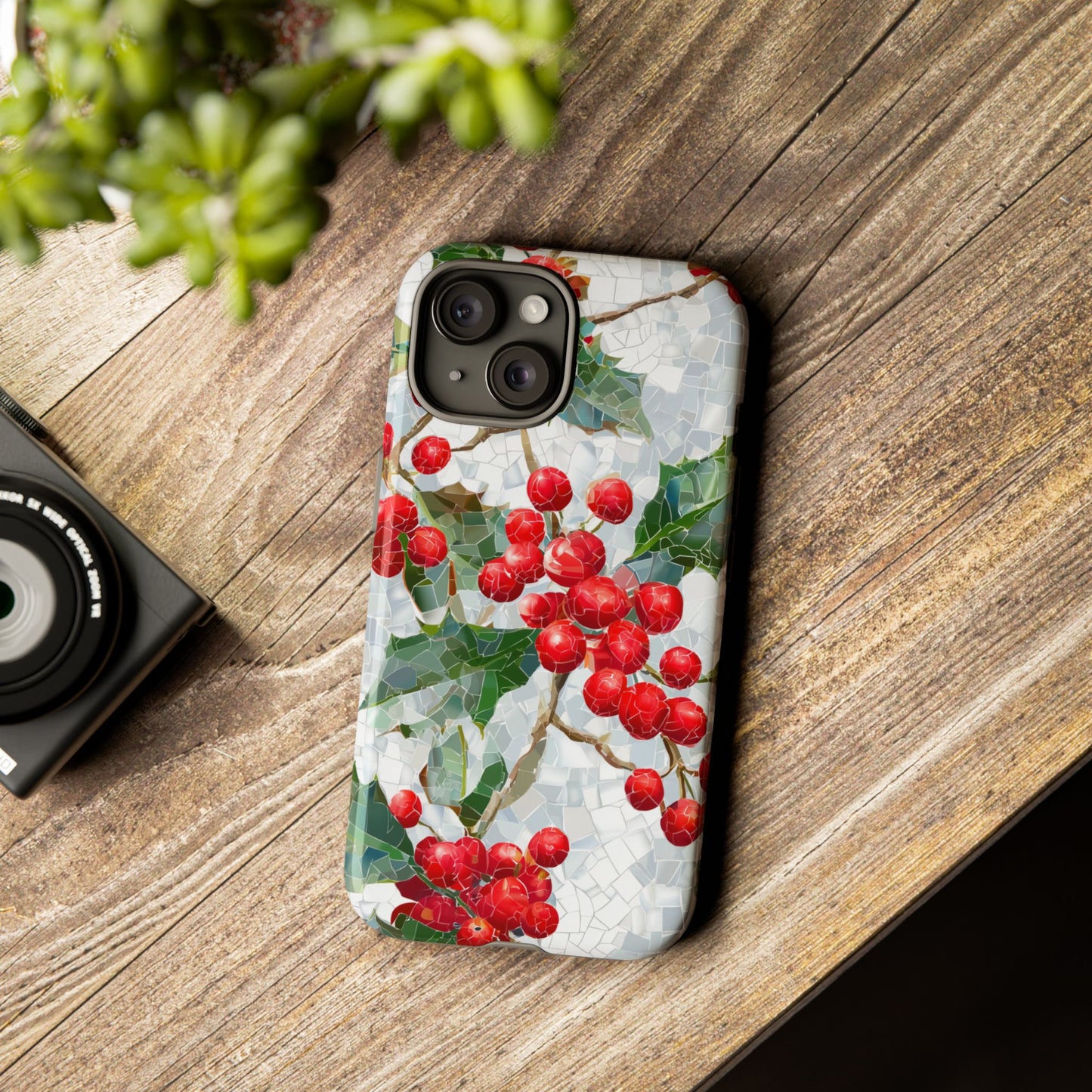 Holly Berry Phone Case, Christmas Mosaic Design, Winter Botanical Cover for iPhone Samsung Pixel