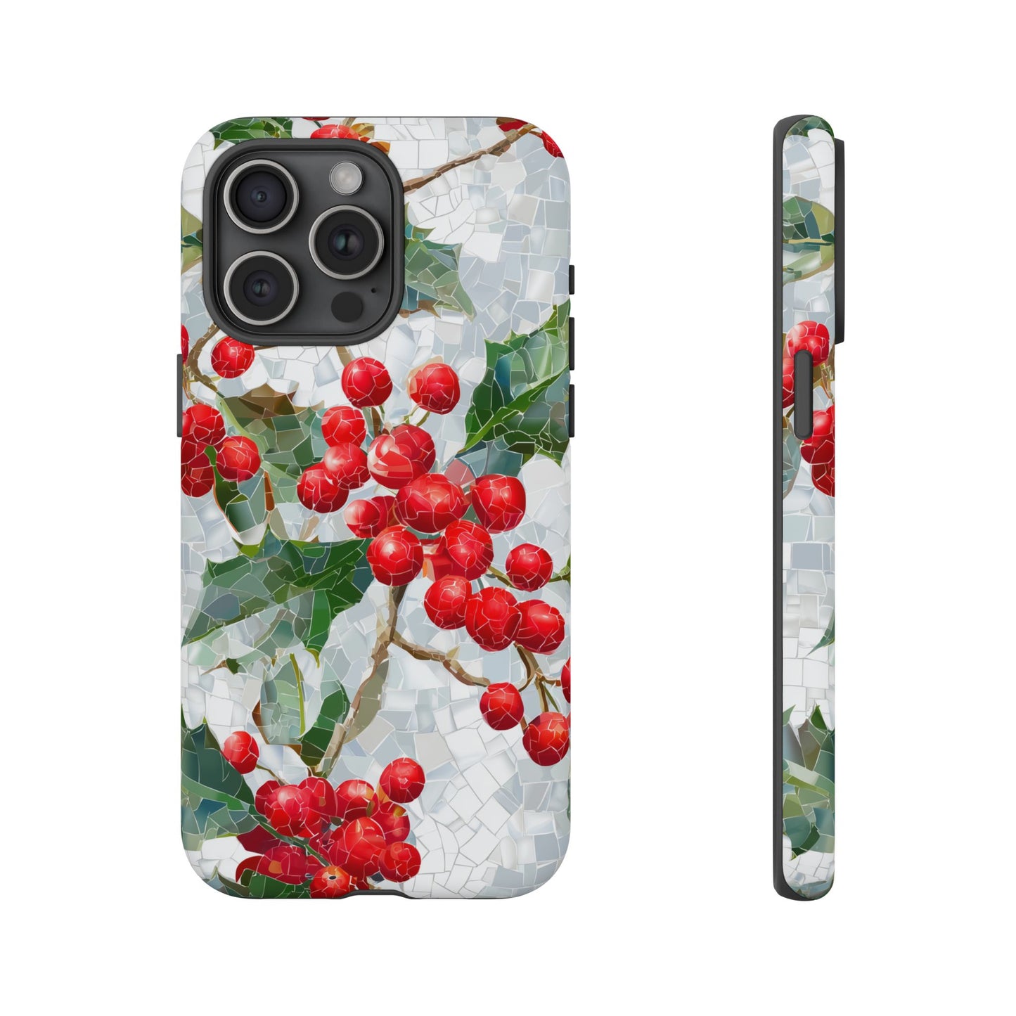 Holly Berry Phone Case, Christmas Mosaic Design, Winter Botanical Cover for iPhone Samsung Pixel