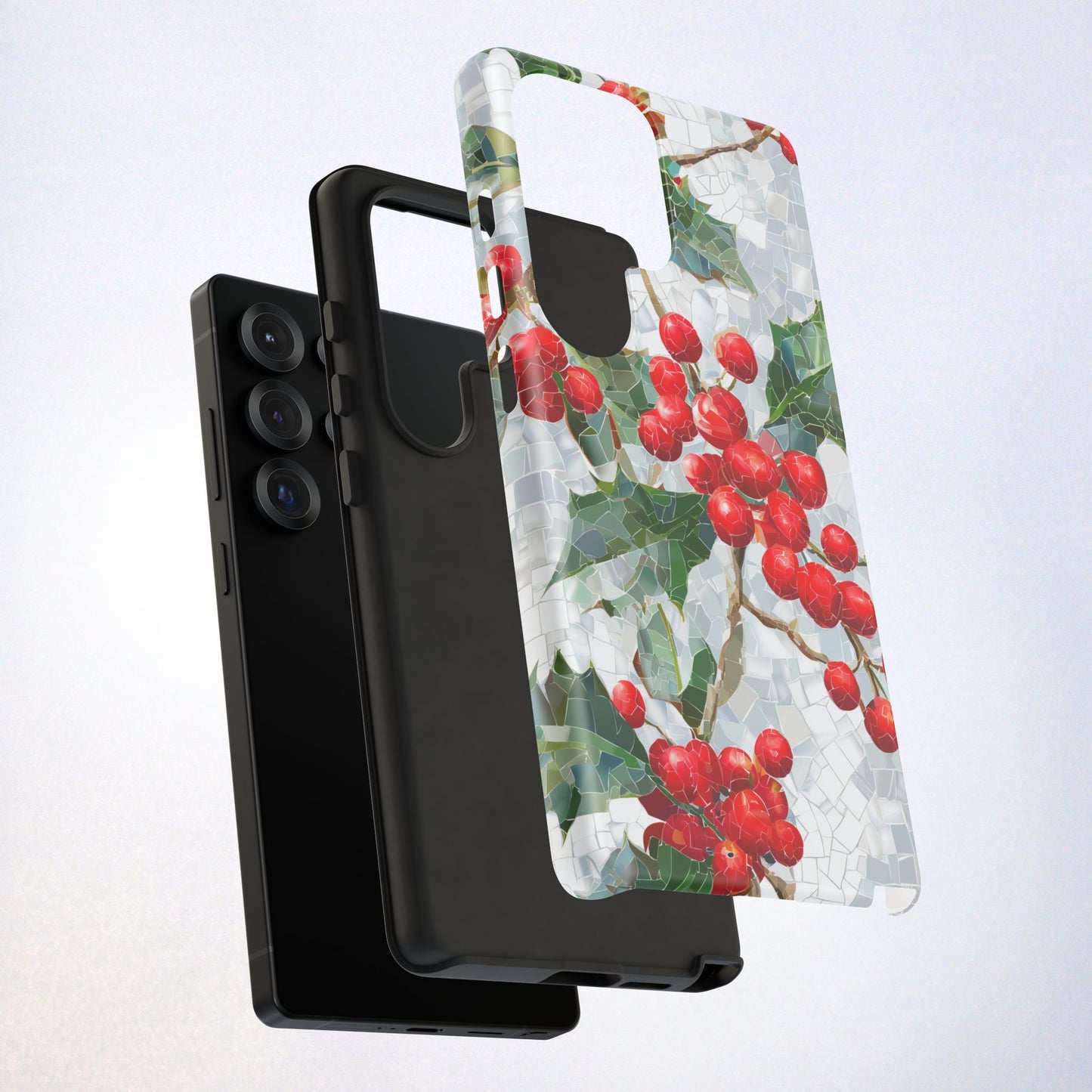 Holly Berry Phone Case, Christmas Mosaic Design, Winter Botanical Cover for iPhone Samsung Pixel