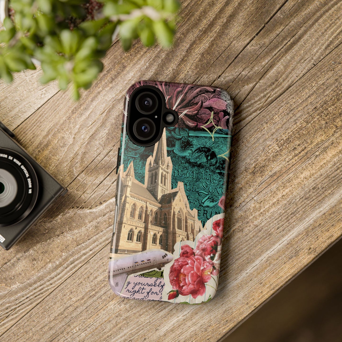 Gothic Cathedral Phone Case, Dark Academia Aesthetic, Fall Floral Art iPhone Samsung Pixel Cover, Scrapbook Vintage Phone Case Design