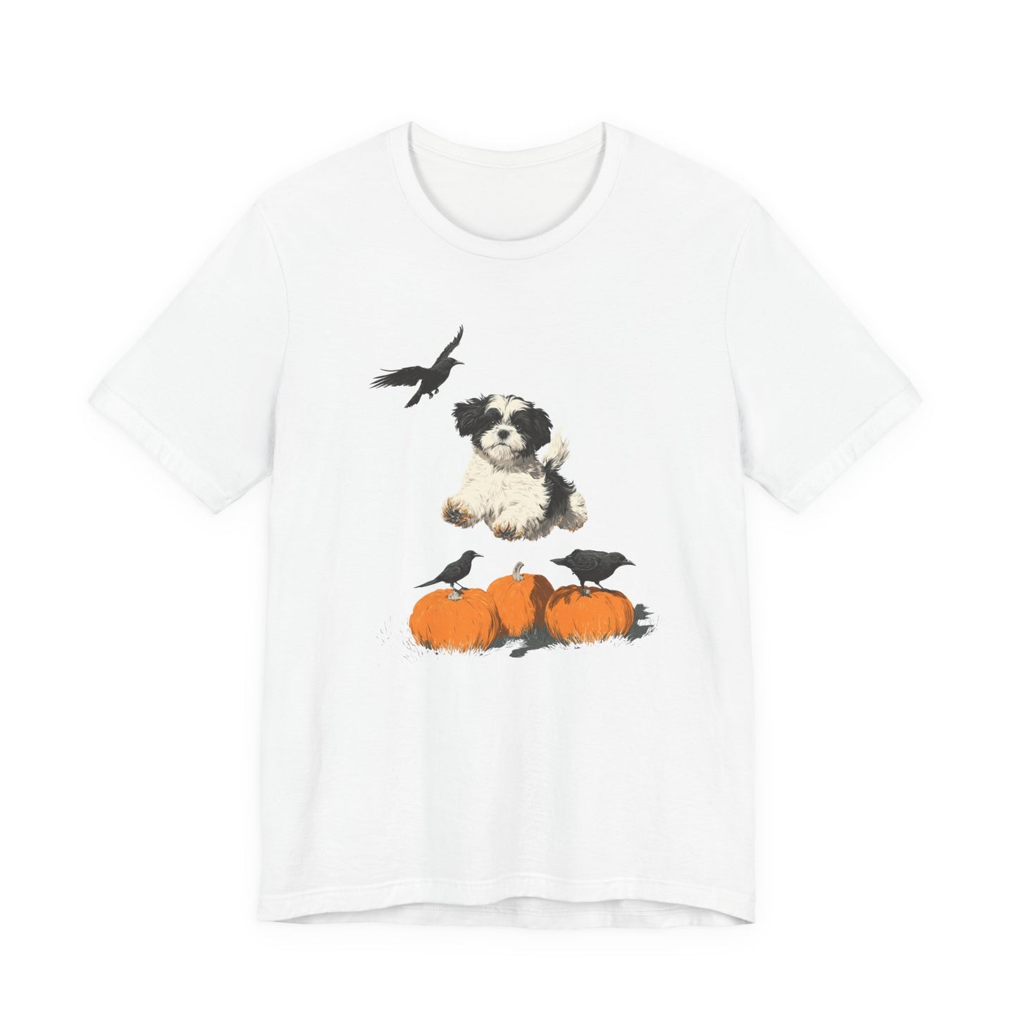 Shih Tzu Fall Shirt Black & White Dog Tee with Pumpkins and Crows, Autumn Pet Lover Gift, Halloween Cozy Graphic T-Shirt
