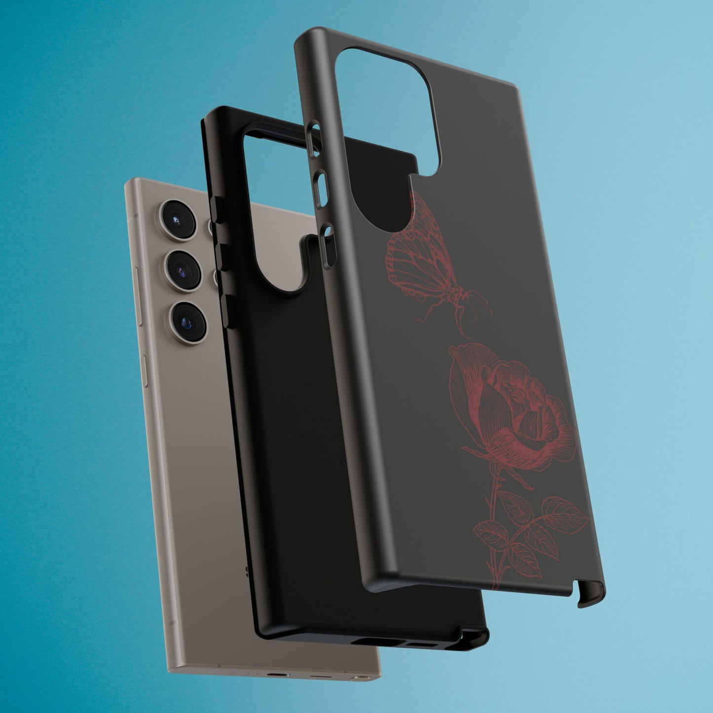 Black Rose and Butterfly Phone Case - Dark Academia Aesthetic Gothic iPhone, Galaxy and Pixel Cover