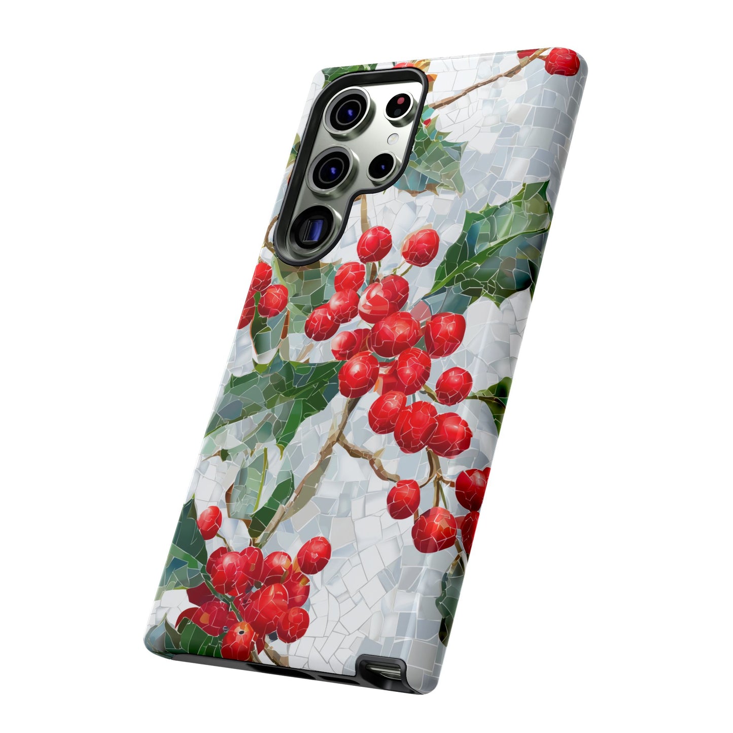 Holly Berry Phone Case, Christmas Mosaic Design, Winter Botanical Cover for iPhone Samsung Pixel
