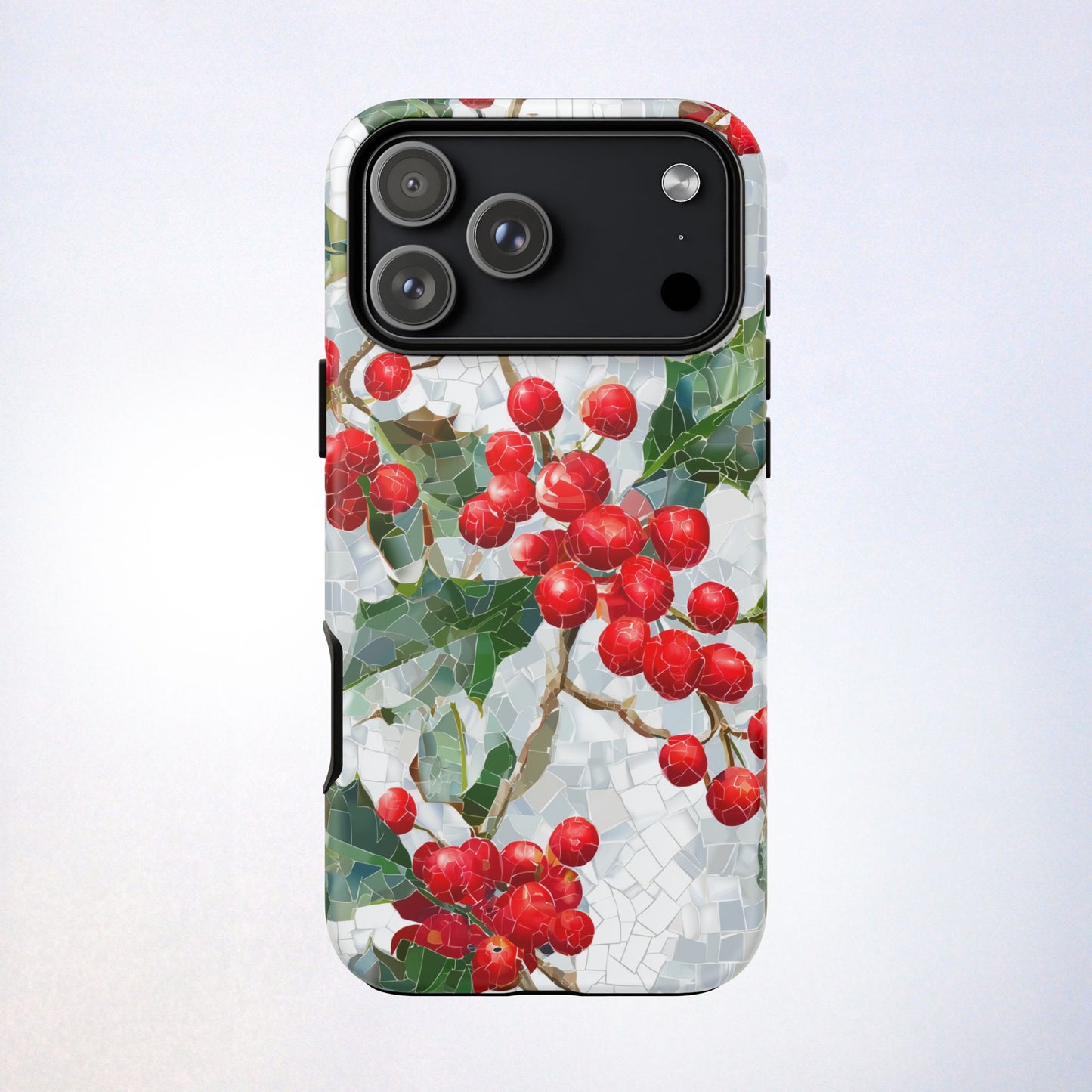 Holly Berry Phone Case, Christmas Mosaic Design, Winter Botanical Cover for iPhone Samsung Pixel