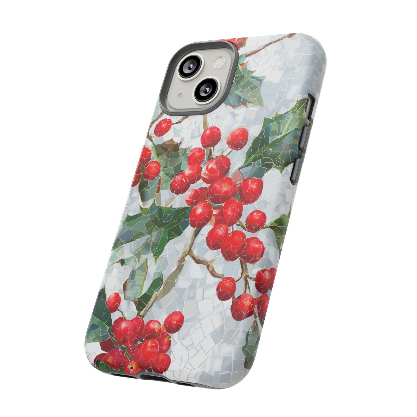 Holly Berry Phone Case, Christmas Mosaic Design, Winter Botanical Cover for iPhone Samsung Pixel