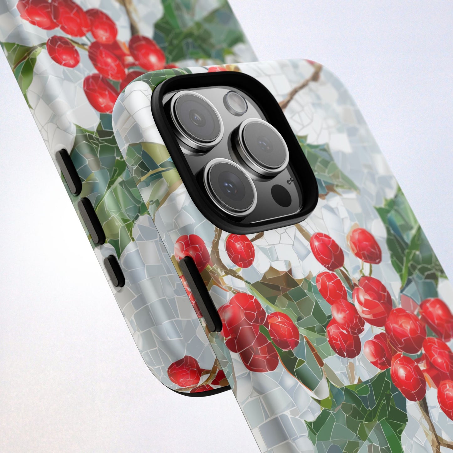 Holly Berry Phone Case, Christmas Mosaic Design, Winter Botanical Cover for iPhone Samsung Pixel