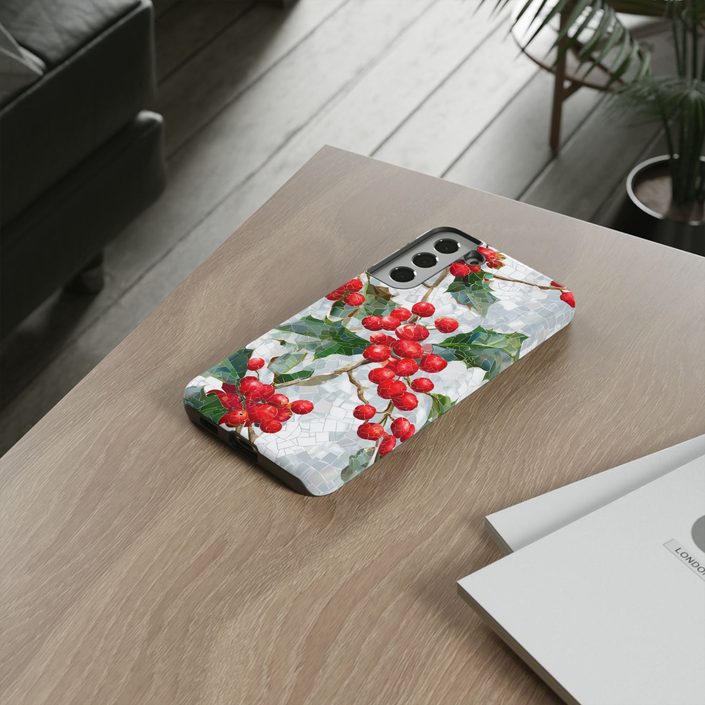 Holly Berry Phone Case, Christmas Mosaic Design, Winter Botanical Cover for iPhone Samsung Pixel
