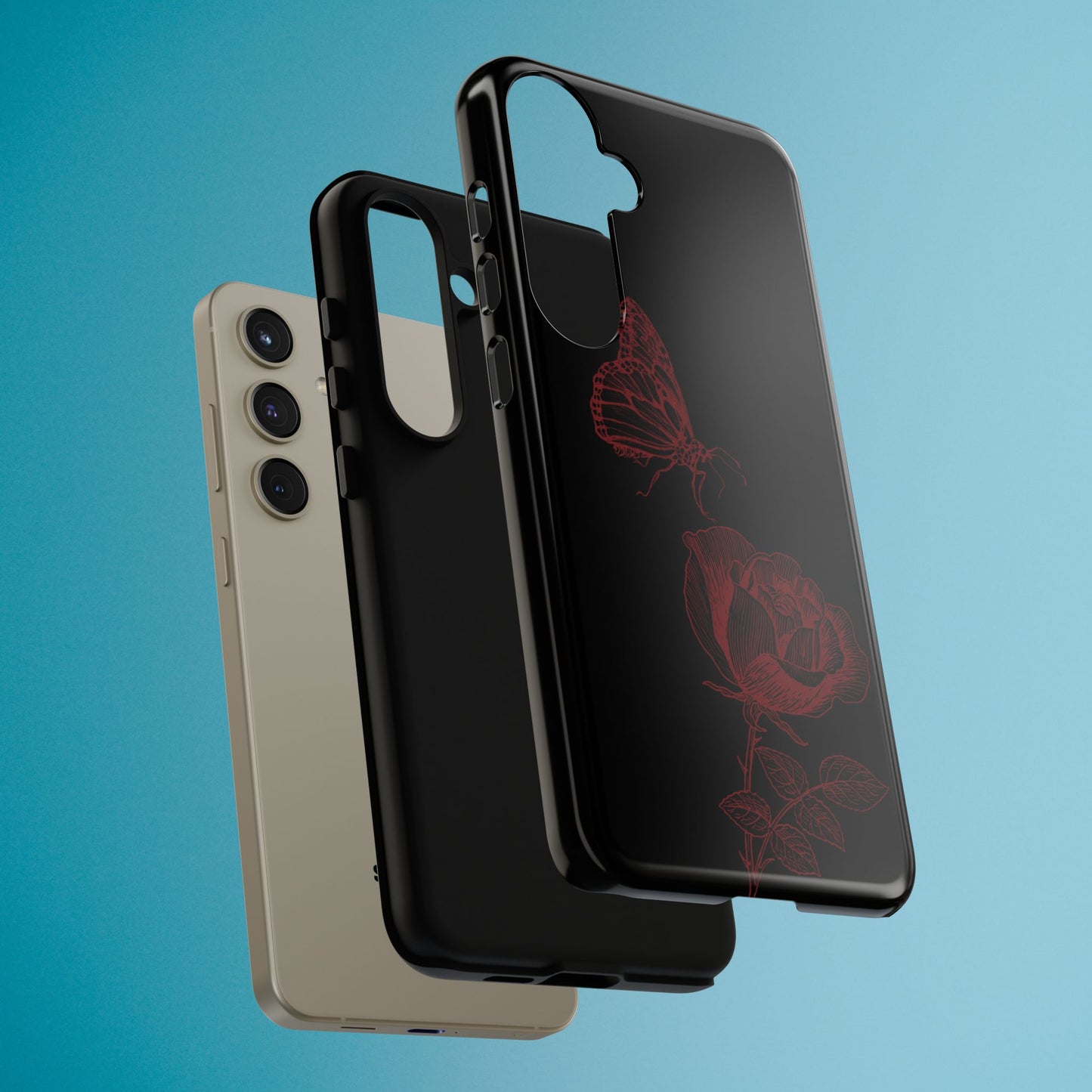 Black Rose and Butterfly Phone Case - Dark Academia Aesthetic Gothic iPhone, Galaxy and Pixel Cover