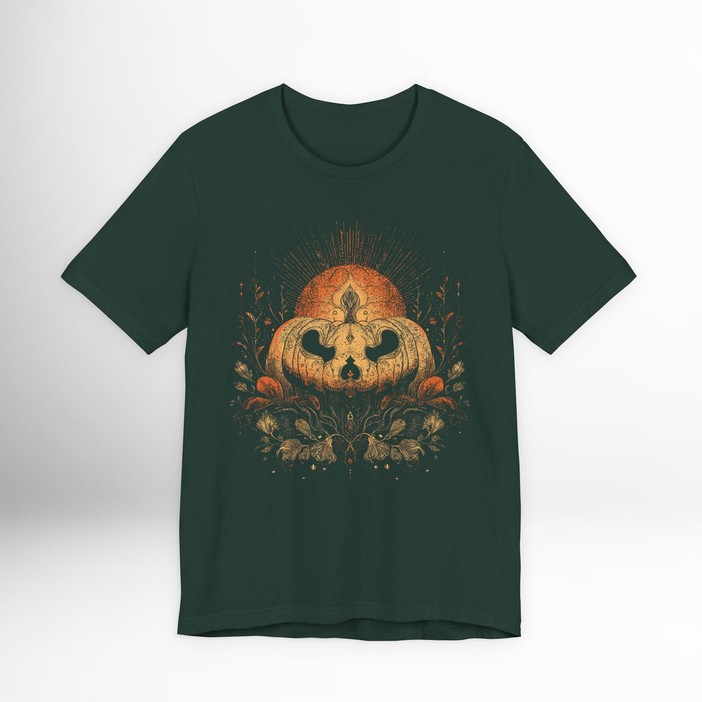 Dark green t-shirt with a pumpkin design on a white background