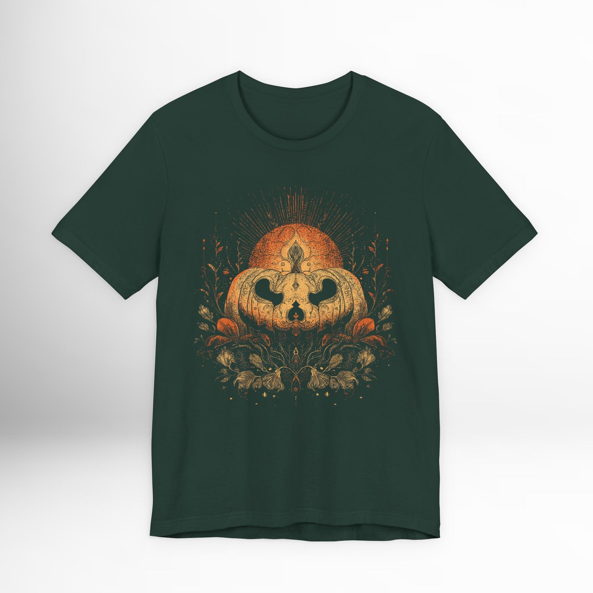 Dark green t-shirt with a pumpkin design on a white background