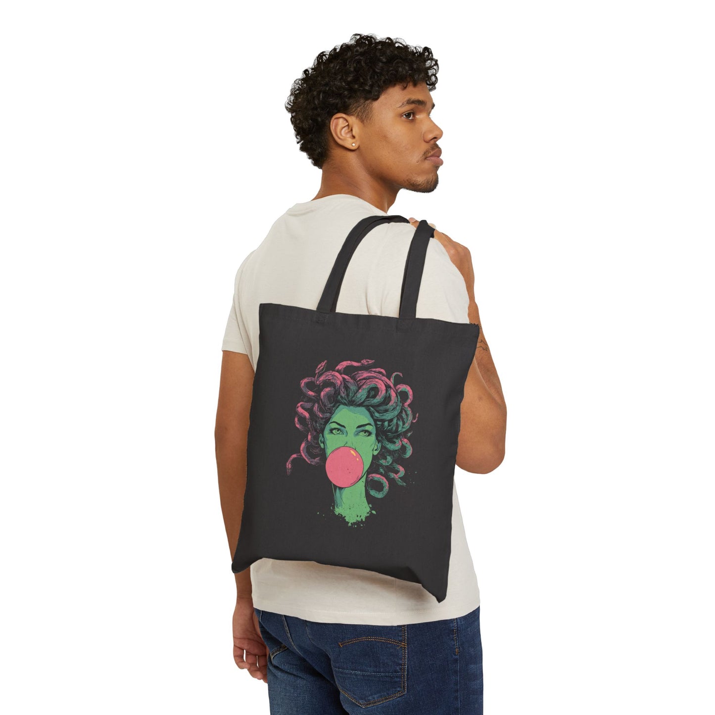 Unisex Medusa bubblegum tote bag – Greek mythology reusable shopping tote.
