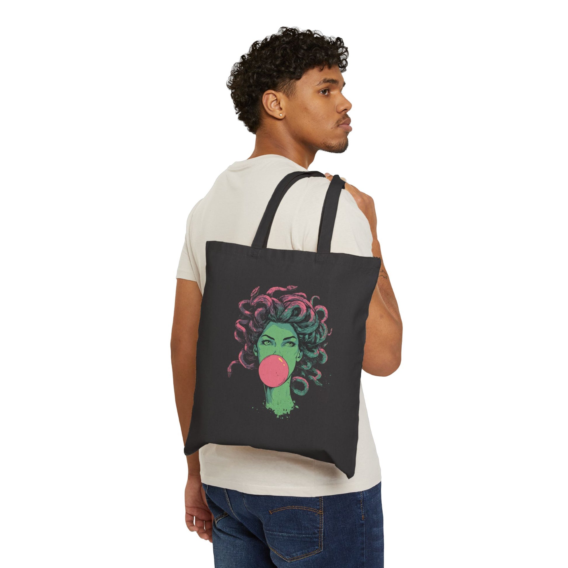 Unisex Medusa bubblegum tote bag – Greek mythology reusable shopping tote.
