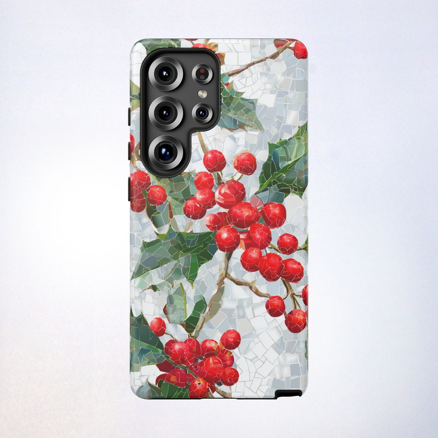 Holly Berry Phone Case, Christmas Mosaic Design, Winter Botanical Cover for iPhone Samsung Pixel