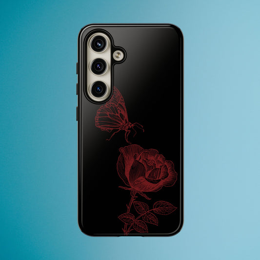 Black Rose and Butterfly Phone Case - Dark Academia Aesthetic Gothic iPhone, Galaxy and Pixel Cover