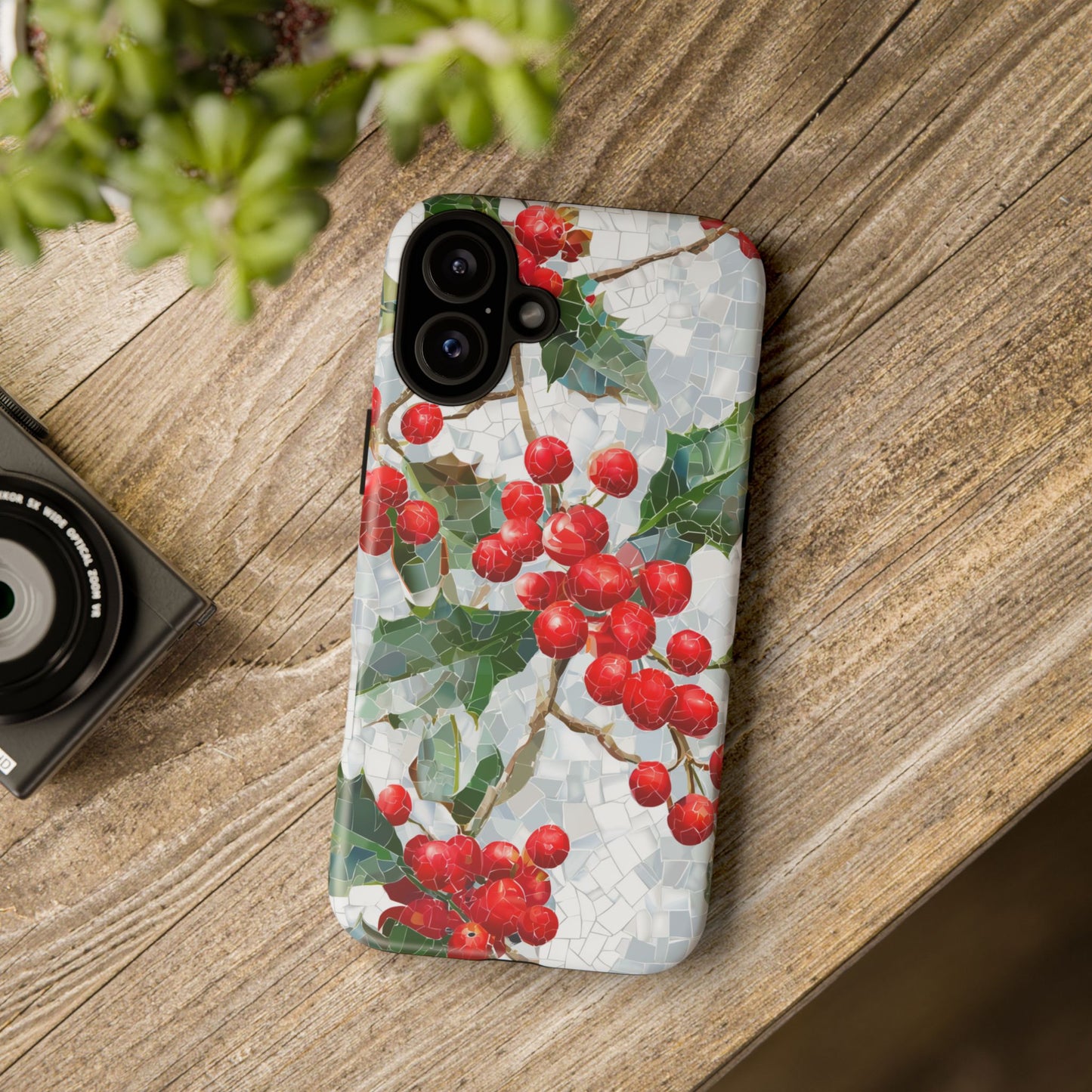 Holly Berry Phone Case, Christmas Mosaic Design, Winter Botanical Cover for iPhone Samsung Pixel