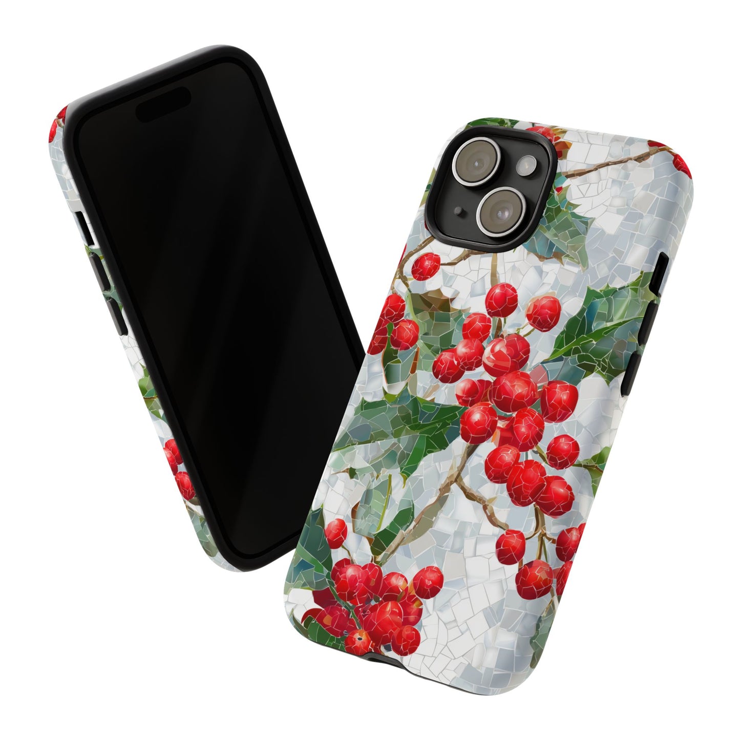 Holly Berry Phone Case, Christmas Mosaic Design, Winter Botanical Cover for iPhone Samsung Pixel