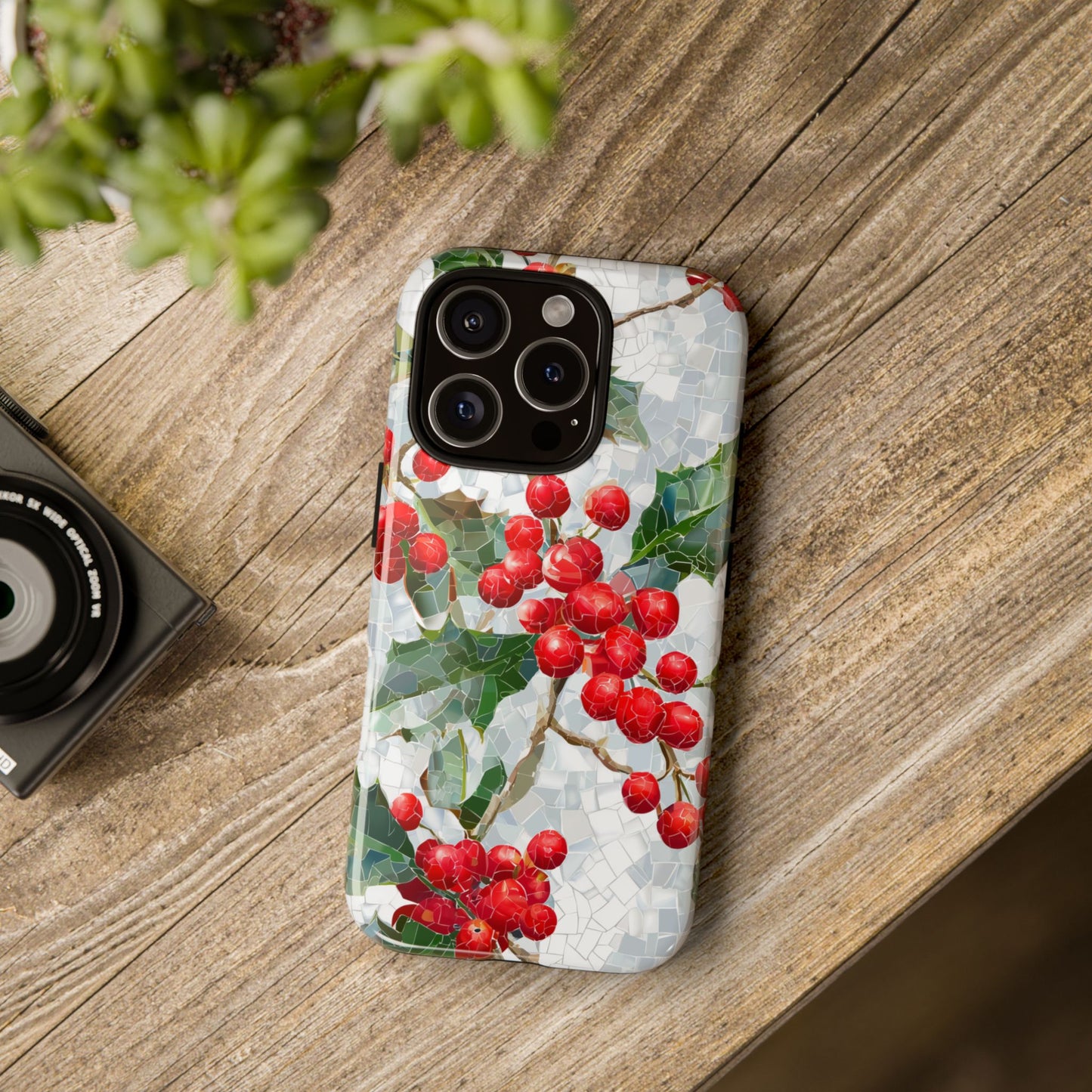 Holly Berry Phone Case, Christmas Mosaic Design, Winter Botanical Cover for iPhone Samsung Pixel