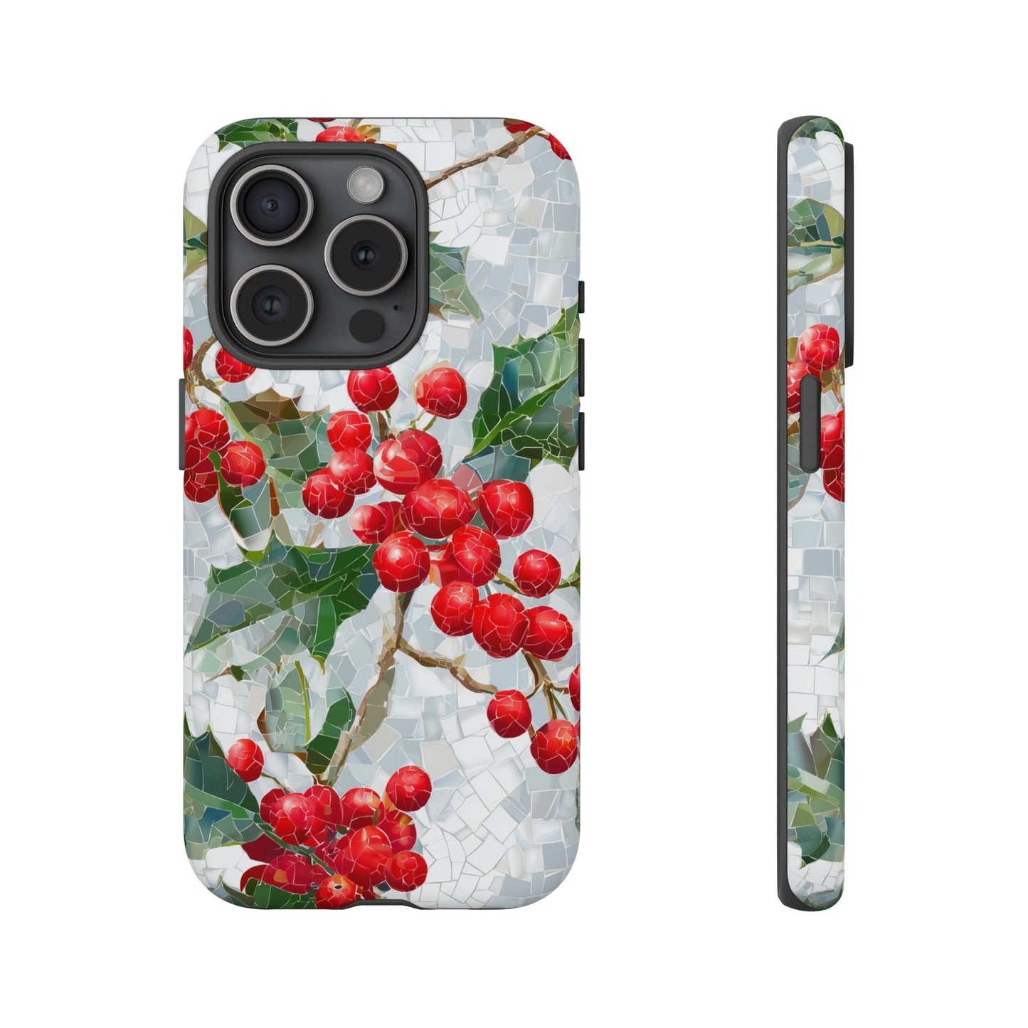 Holly Berry Phone Case, Christmas Mosaic Design, Winter Botanical Cover for iPhone Samsung Pixel