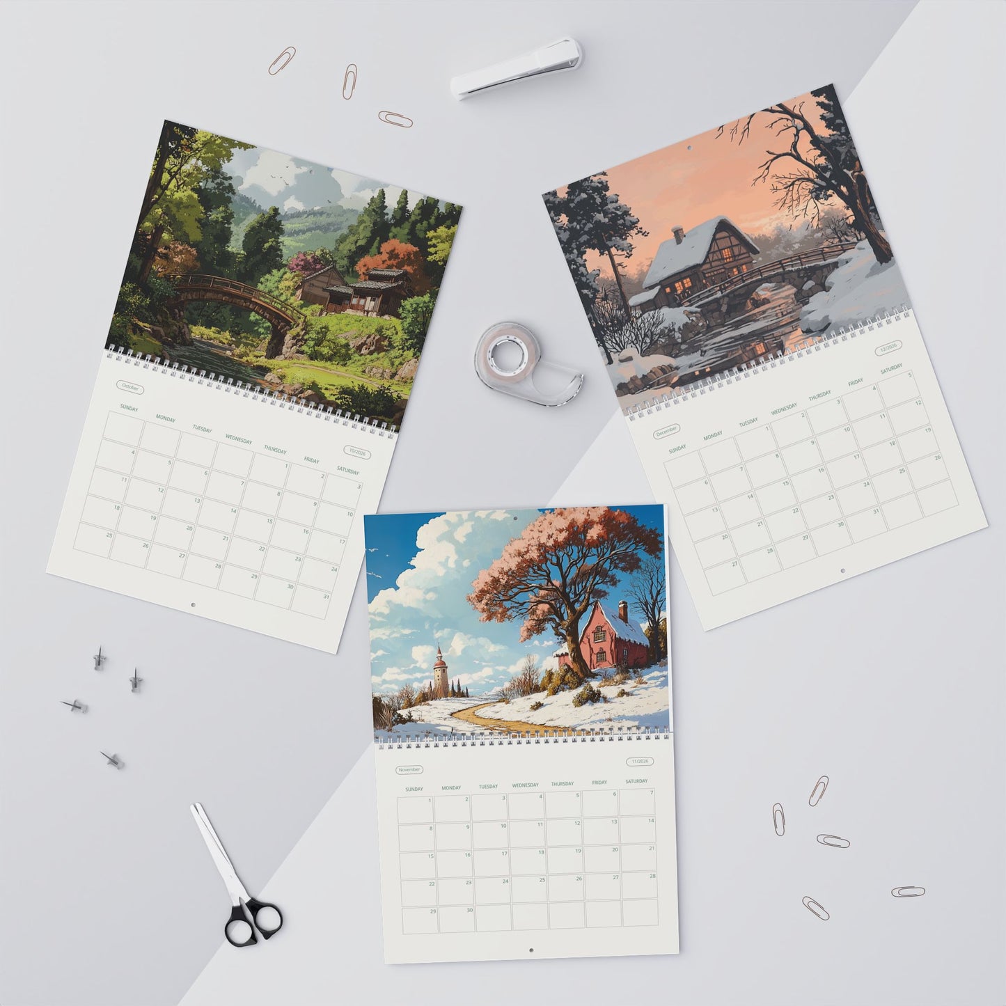 Three scenic wall calendars on a light gray surface with office supplies.