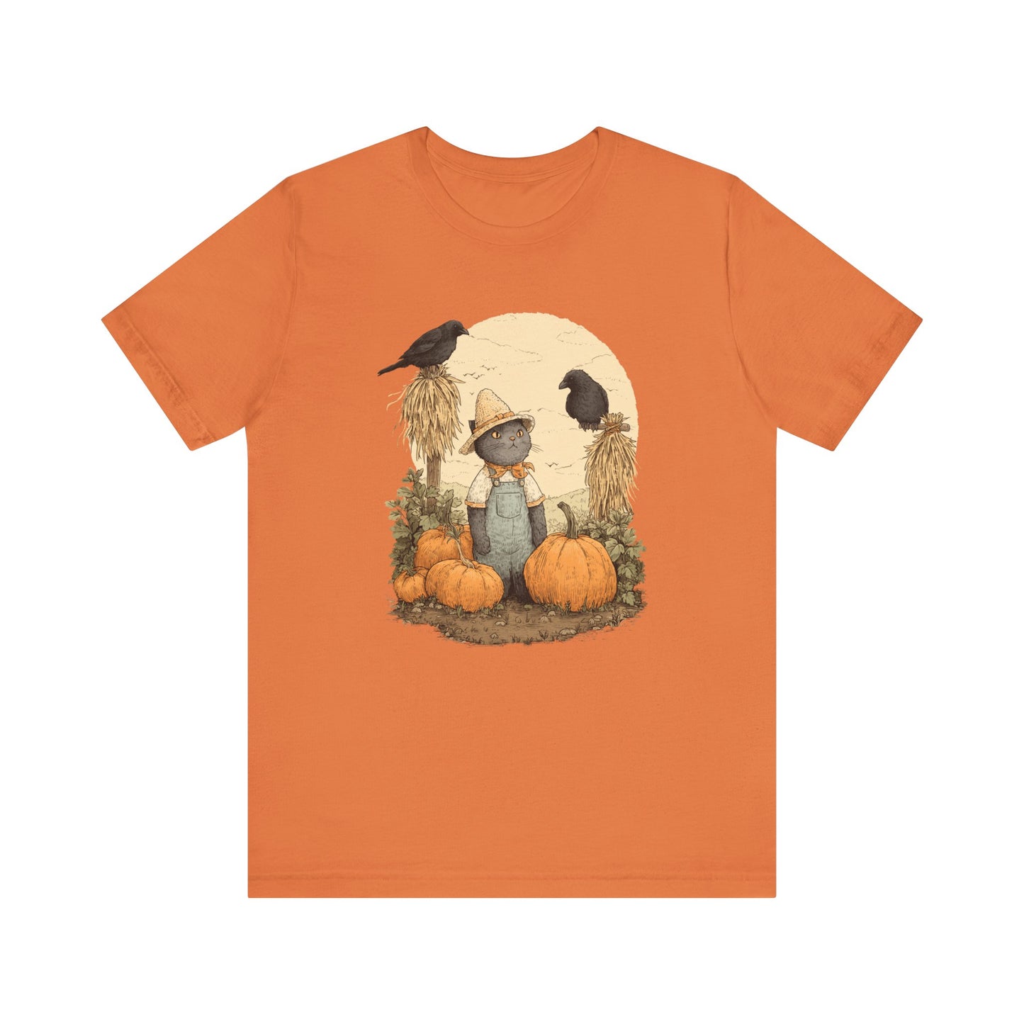 Harvest Cat T-Shirt Grey Cat with Scarecrows & Pumpkins, Fall Graphic Tee, Halloween Cute Creepy Shirt, Autumn Pet Lover Gift