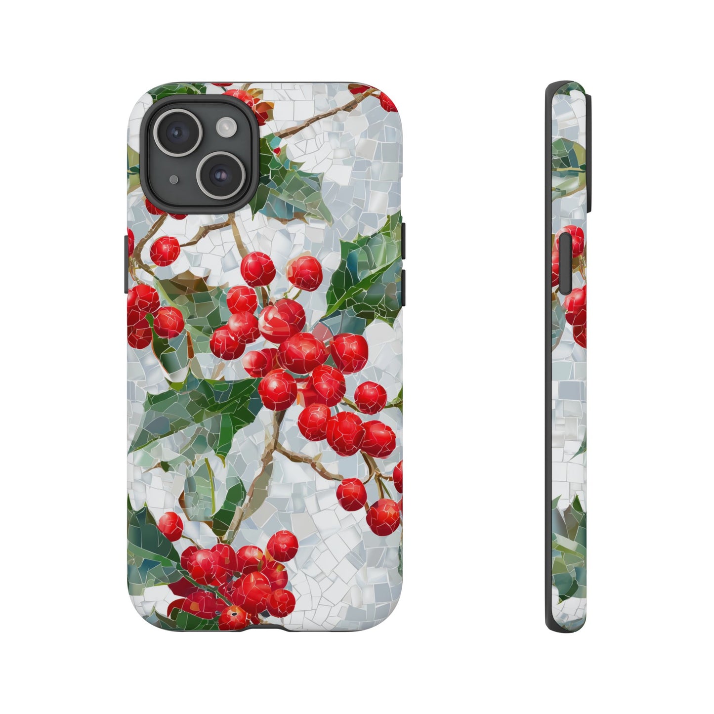Holly Berry Phone Case, Christmas Mosaic Design, Winter Botanical Cover for iPhone Samsung Pixel