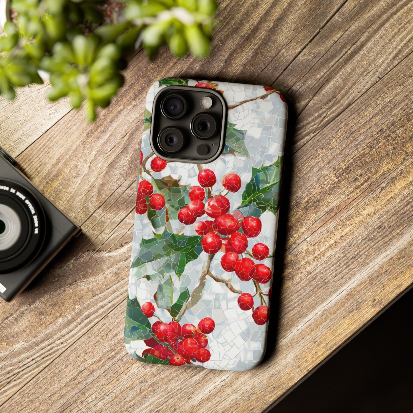 Holly Berry Phone Case, Christmas Mosaic Design, Winter Botanical Cover for iPhone Samsung Pixel