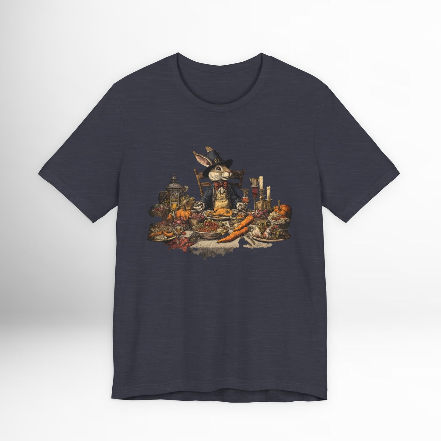 Thanksgiving Rabbit Feast T-Shirt Vintage Holiday Graphic Tee, Autumn Dinner Woodland Animal Shirt, Rustic Harvest Celebration Top