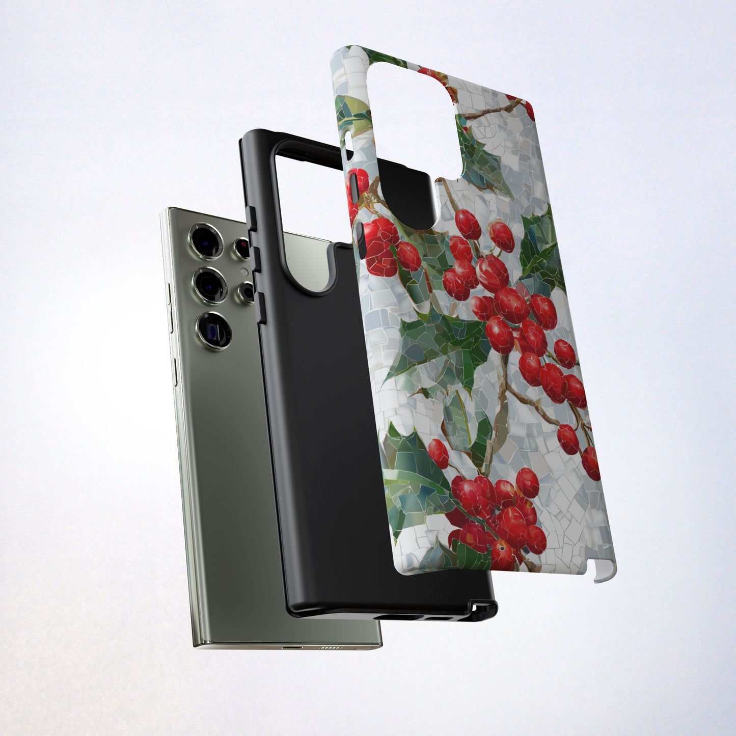 Holly Berry Phone Case, Christmas Mosaic Design, Winter Botanical Cover for iPhone Samsung Pixel