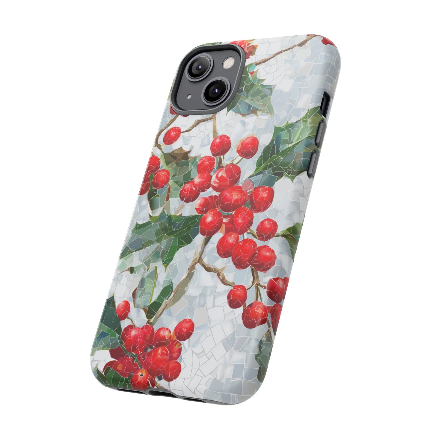 Holly Berry Phone Case, Christmas Mosaic Design, Winter Botanical Cover for iPhone Samsung Pixel