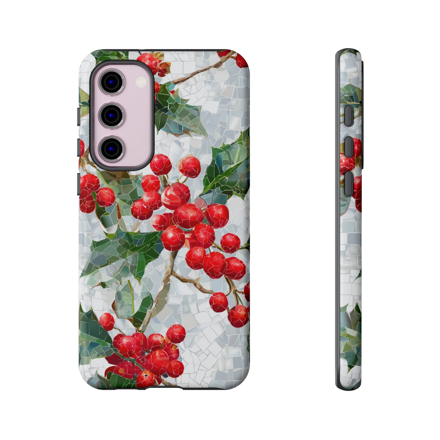 Holly Berry Phone Case, Christmas Mosaic Design, Winter Botanical Cover for iPhone Samsung Pixel