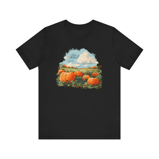 Pumpkin Patch Scenic T-Shirt Fall Harvest Graphic Tee, Cozy Autumn Farm Shirt, Country Landscape Pumpkin Field Top