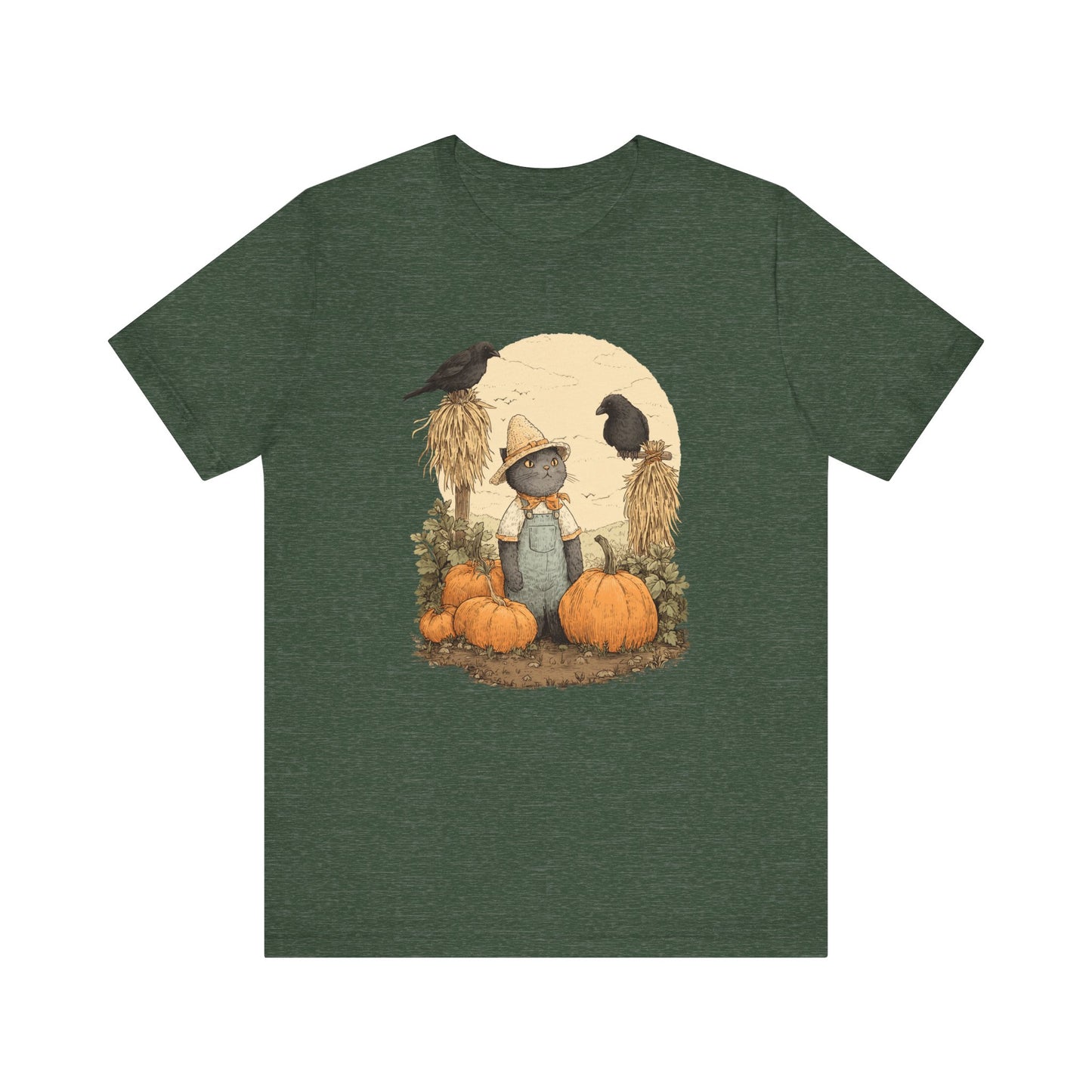 Harvest Cat T-Shirt Grey Cat with Scarecrows & Pumpkins, Fall Graphic Tee, Halloween Cute Creepy Shirt, Autumn Pet Lover Gift