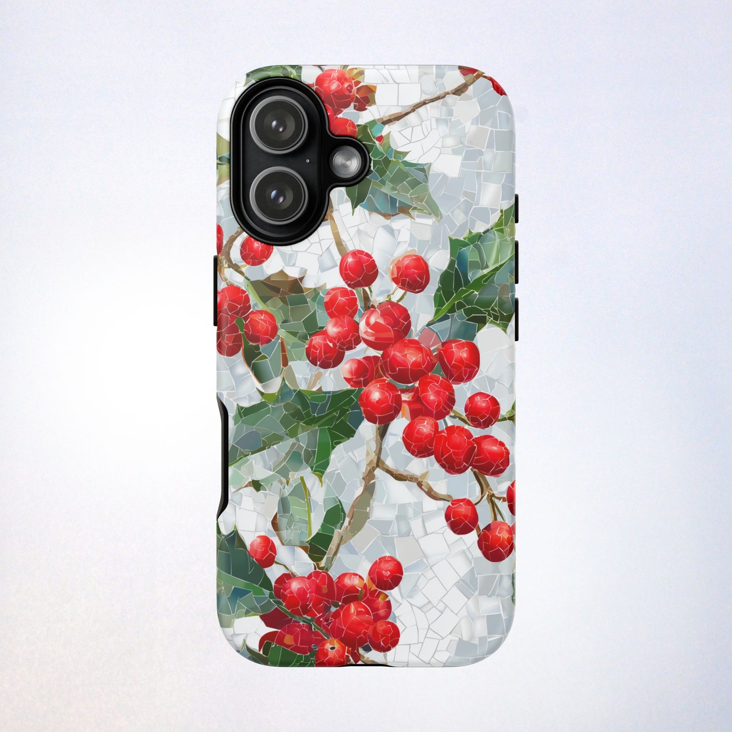 Holly Berry Phone Case, Christmas Mosaic Design, Winter Botanical Cover for iPhone Samsung Pixel