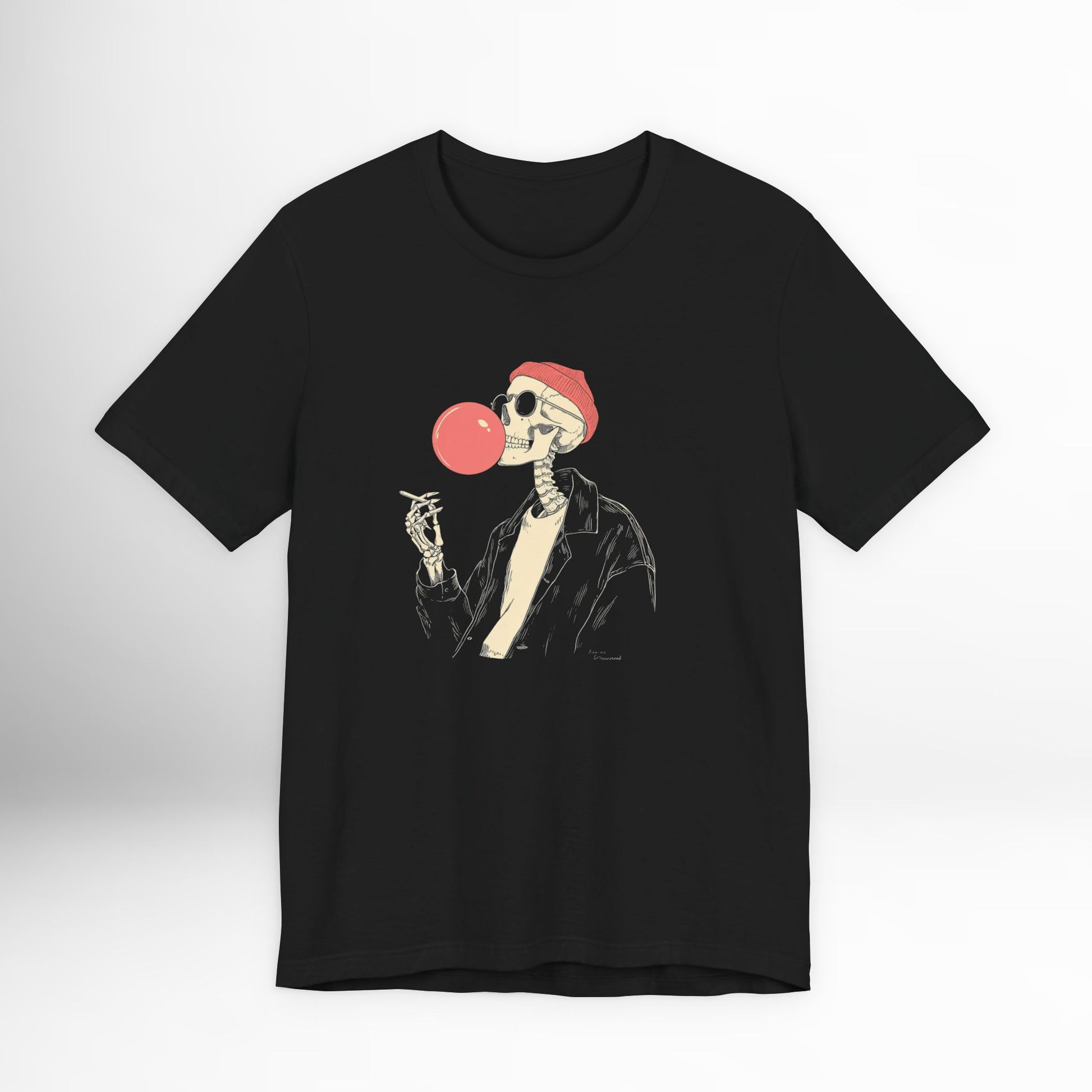 Black t-shirt with a skeleton wearing a Santa hat and blowing a red bubble gum bubble design on a white background.