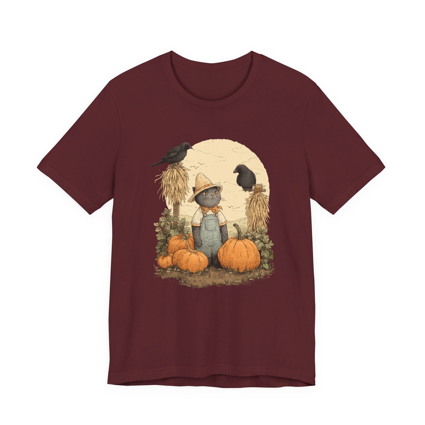 Harvest Cat T-Shirt Grey Cat with Scarecrows & Pumpkins, Fall Graphic Tee, Halloween Cute Creepy Shirt, Autumn Pet Lover Gift