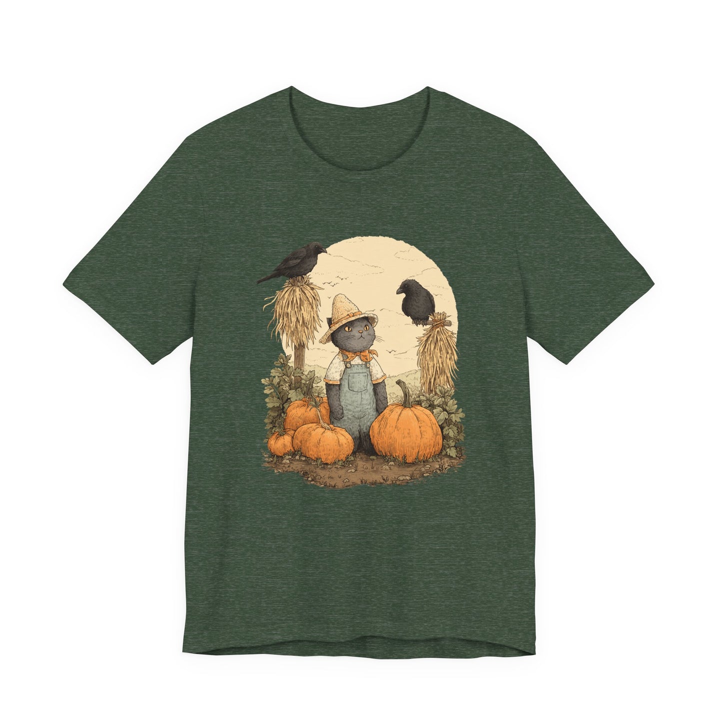 Harvest Cat T-Shirt Grey Cat with Scarecrows & Pumpkins, Fall Graphic Tee, Halloween Cute Creepy Shirt, Autumn Pet Lover Gift