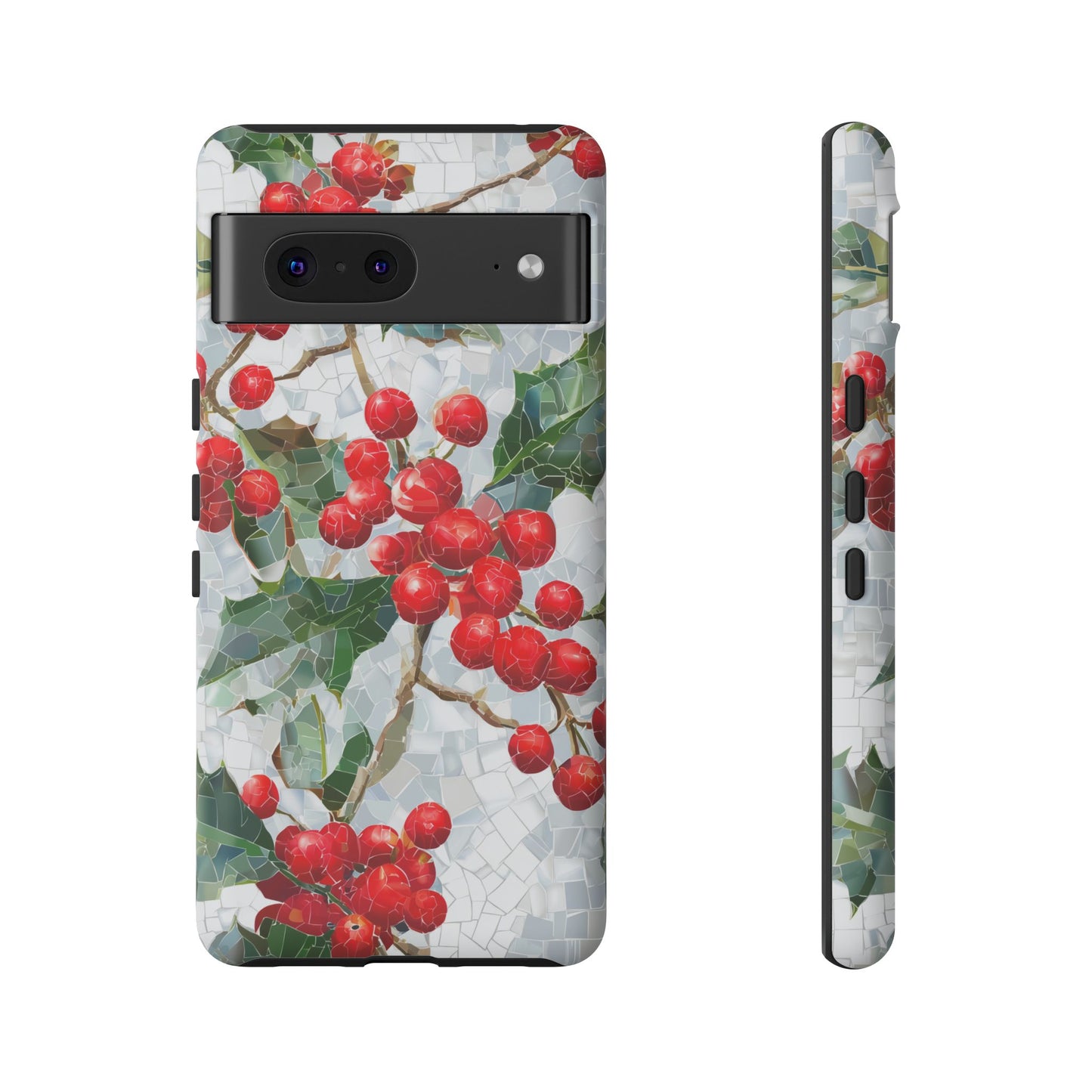 Holly Berry Phone Case, Christmas Mosaic Design, Winter Botanical Cover for iPhone Samsung Pixel