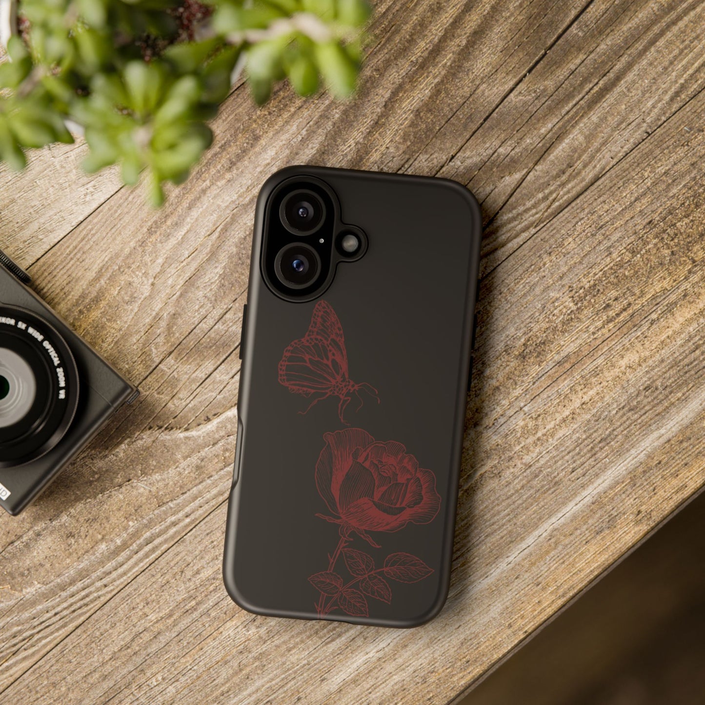 Black Rose and Butterfly Phone Case - Dark Academia Aesthetic Gothic iPhone, Galaxy and Pixel Cover