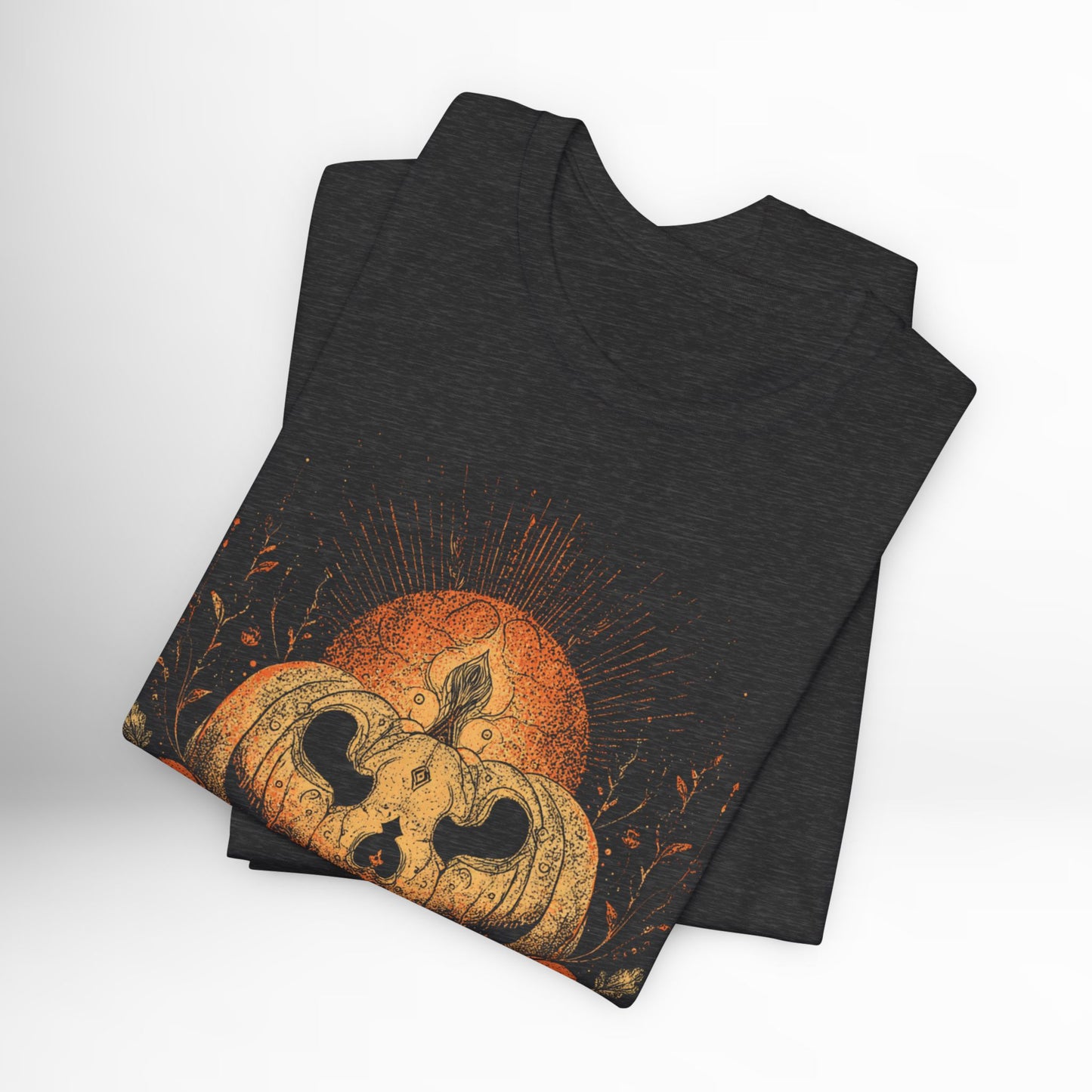 Dark gray t-shirt with a graphic design of a pumpkin and moon on a white background